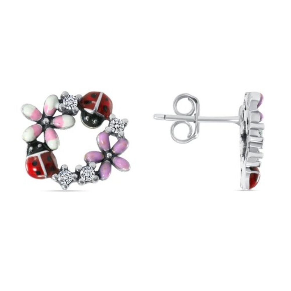 Silver 925 Rhodium Plated Ladybug Flower Earrings Stud